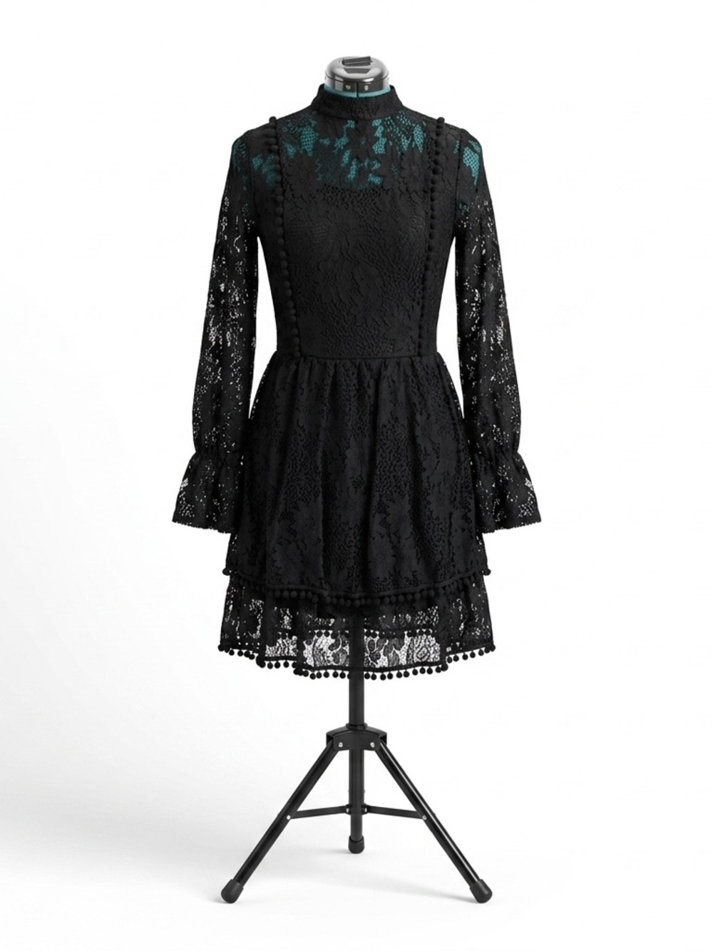 Eilly Bazar Elegant Black Lace Long-Sleeve High-Neck Mini Dress